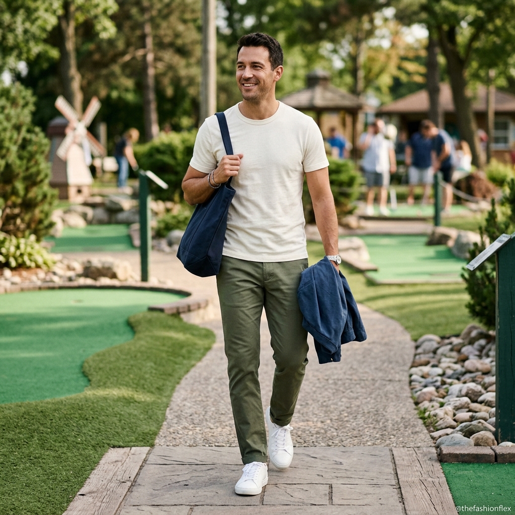 Man wearing a casual, comfortable outfit suitable for a walking or mini-golf date