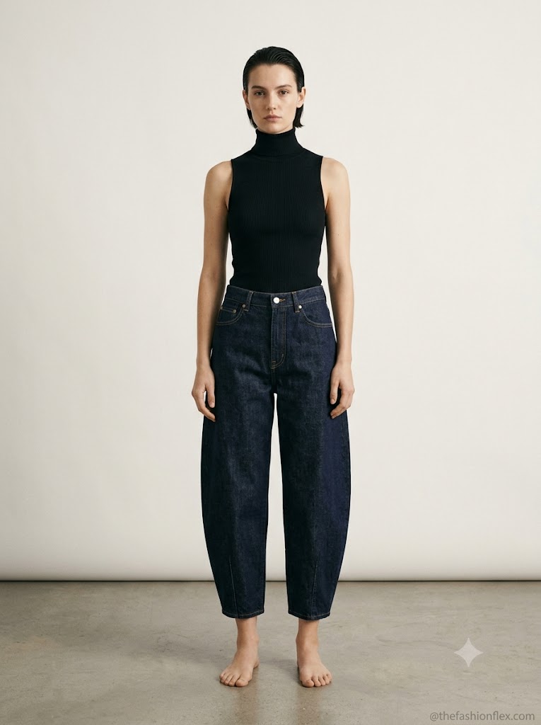 Minimalist studio shot showing the curved silhouette and tapered ankle of barrel leg denim