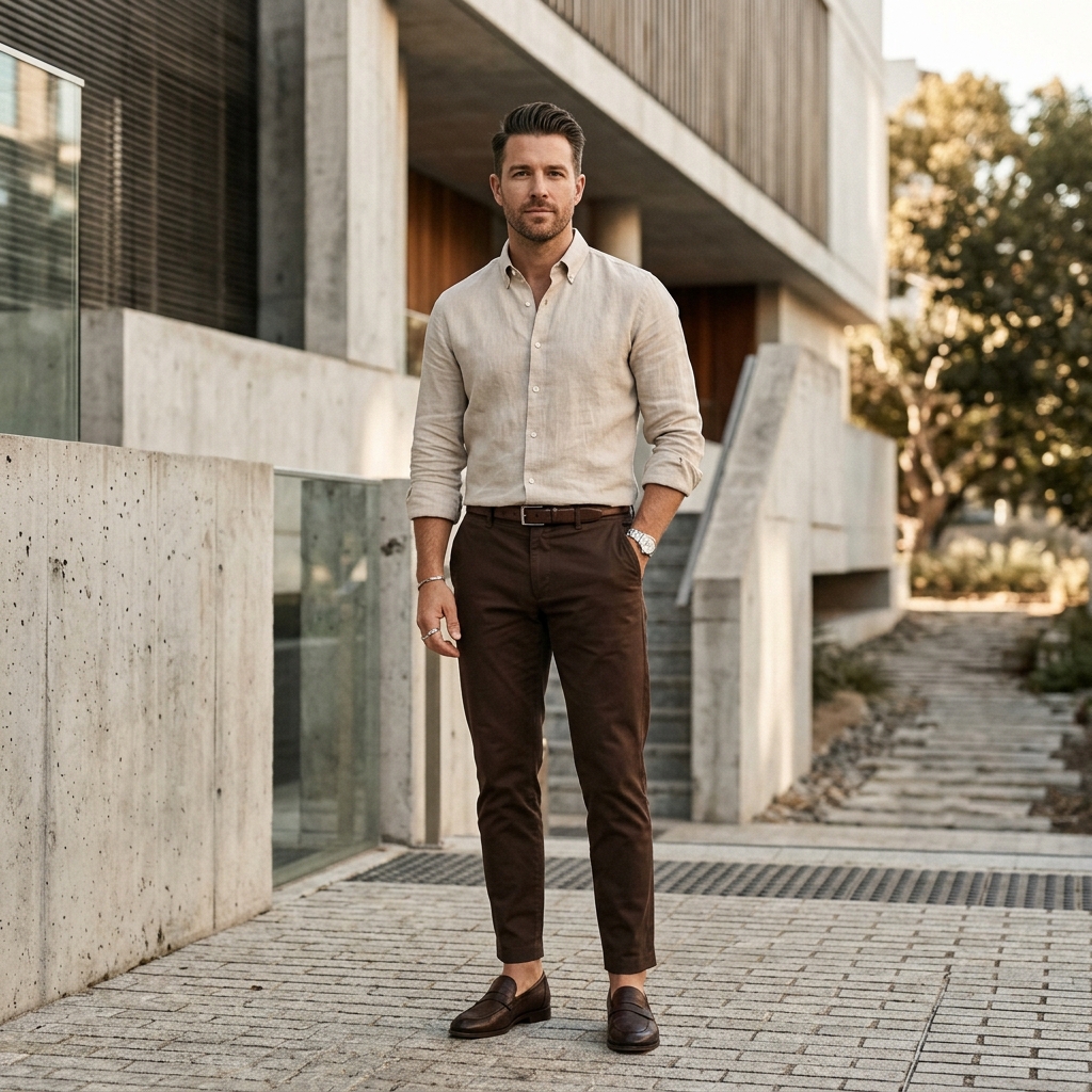 Beige shirt and brown pants earthy outfit color combinations