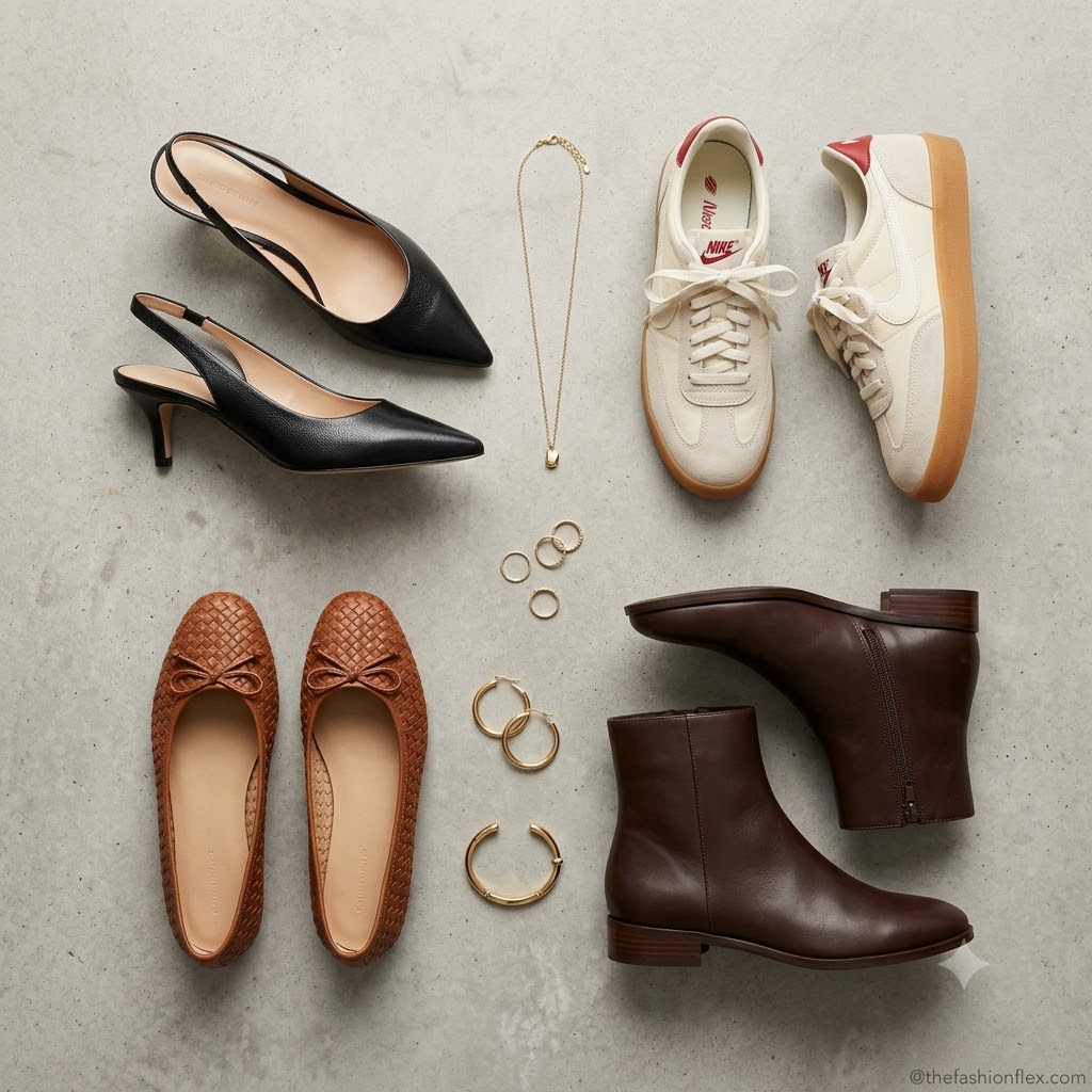 Flat lay of best shoes to wear with barrel jeans including kitten heels, retro sneakers, and ballet flats