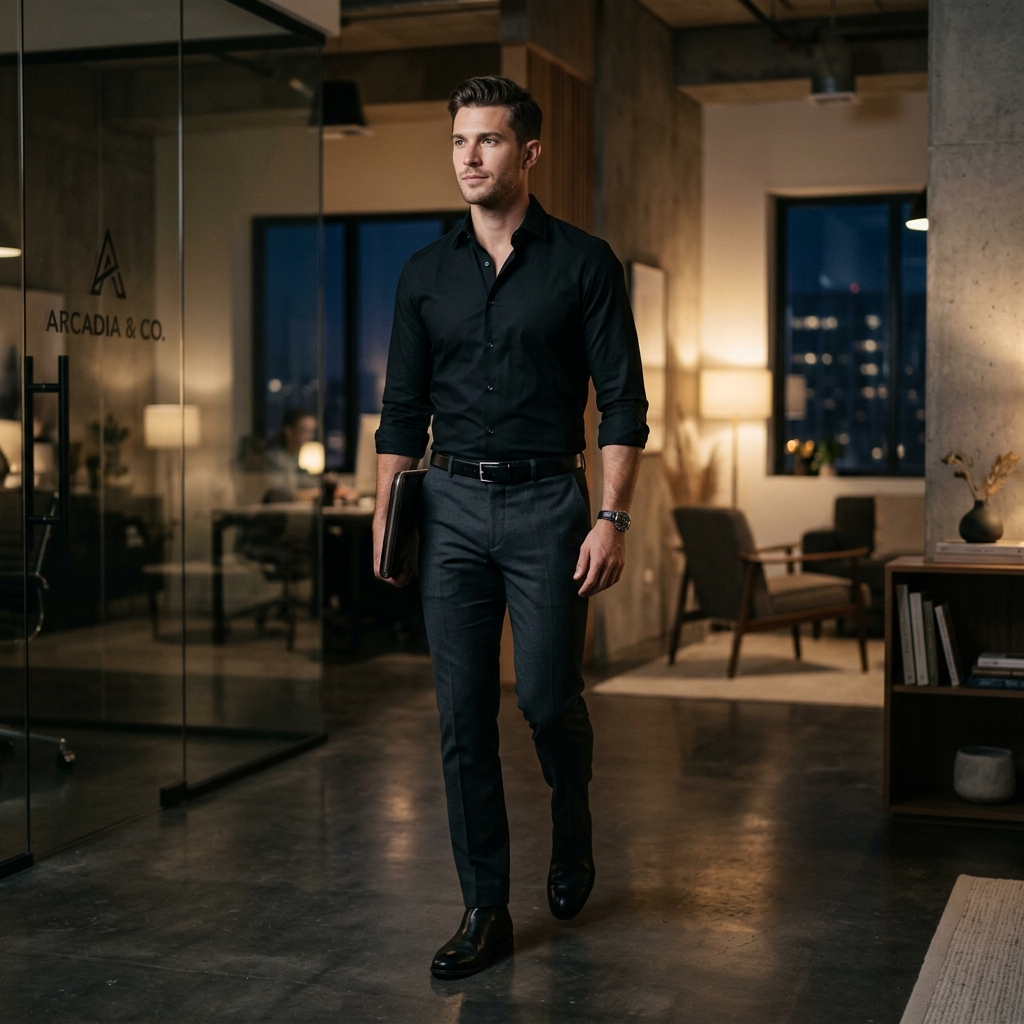 man wearing black shirt and grey pants office outfit
