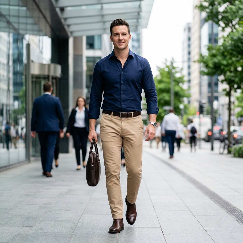 man wearing blue shirt and beige pants office style