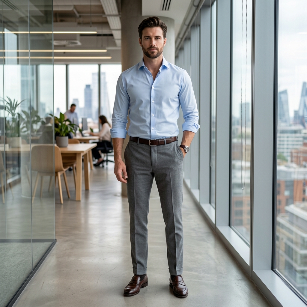 man wearing light blue shirt with grey pants office outfit