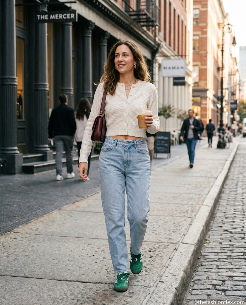 Casual weekend barrel jeans outfit with cropped cardigan and retro sneakers