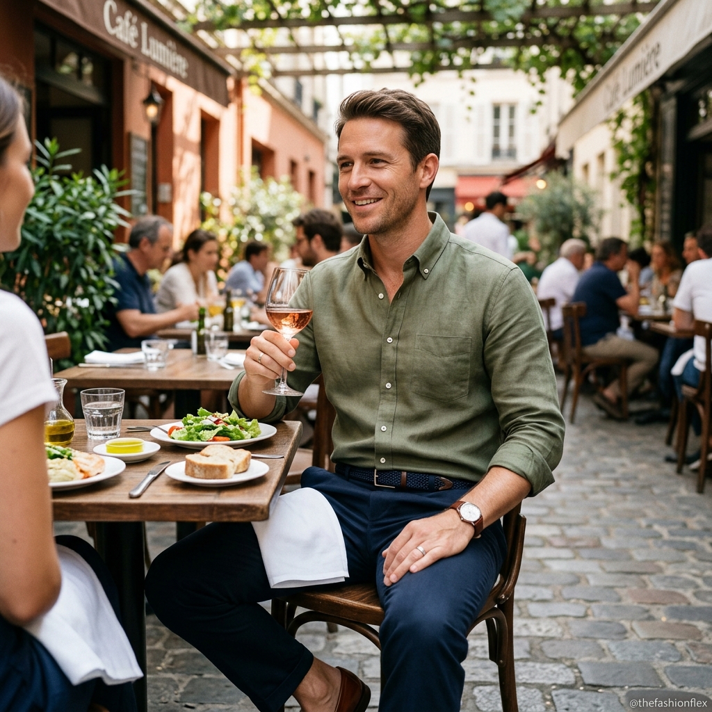 Man wearing a clean polo and relaxed trousers for a casual lunch