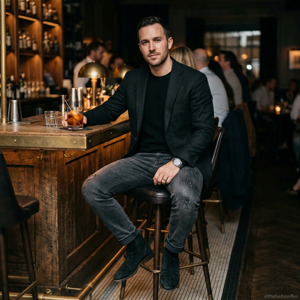 Man wearing a dark, edgy outfit with Chelsea boots at a cocktail bar