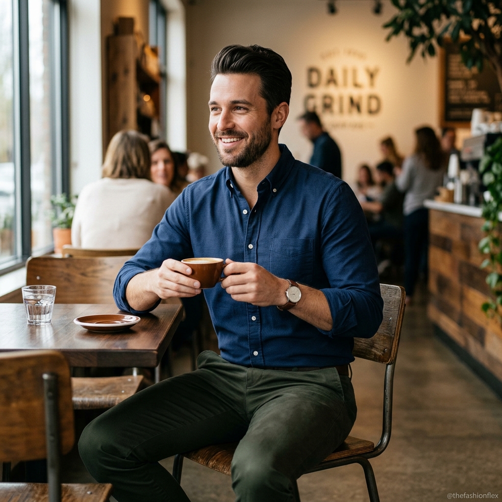 Man wearing an Oxford shirt and chinos for a casual coffee date