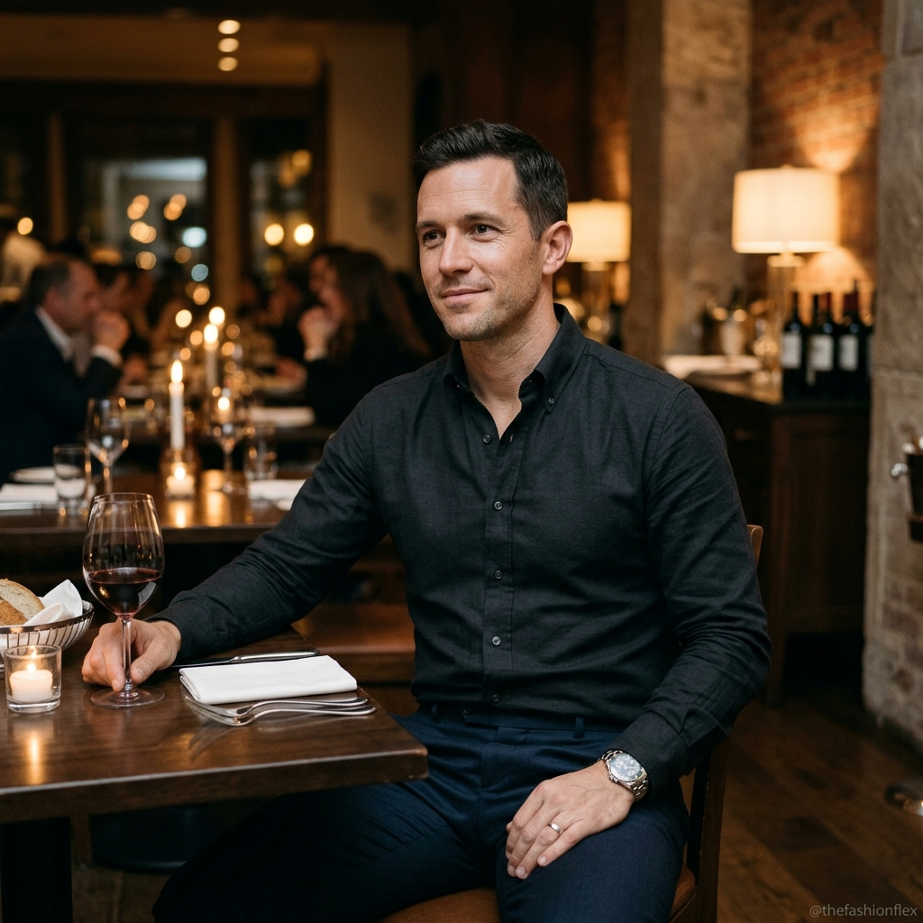Man wearing a dark crisp shirt and tailored trousers for a dinner date