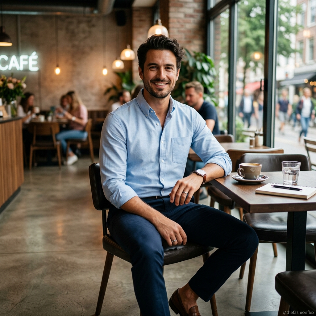 Man wearing a light blue shirt with tailored navy trousers in a modern cafe