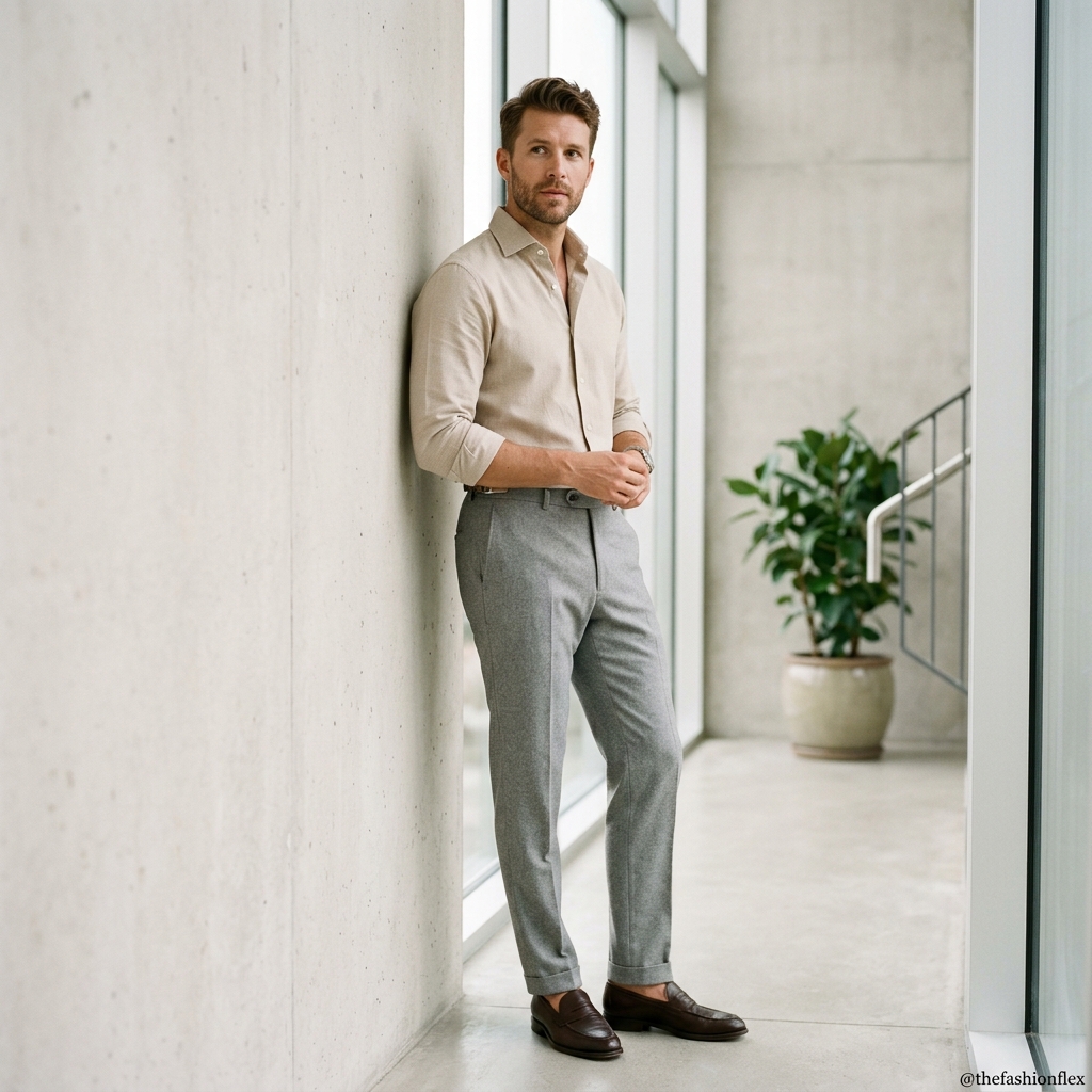 Man wearing a beige linen shirt with grey pants