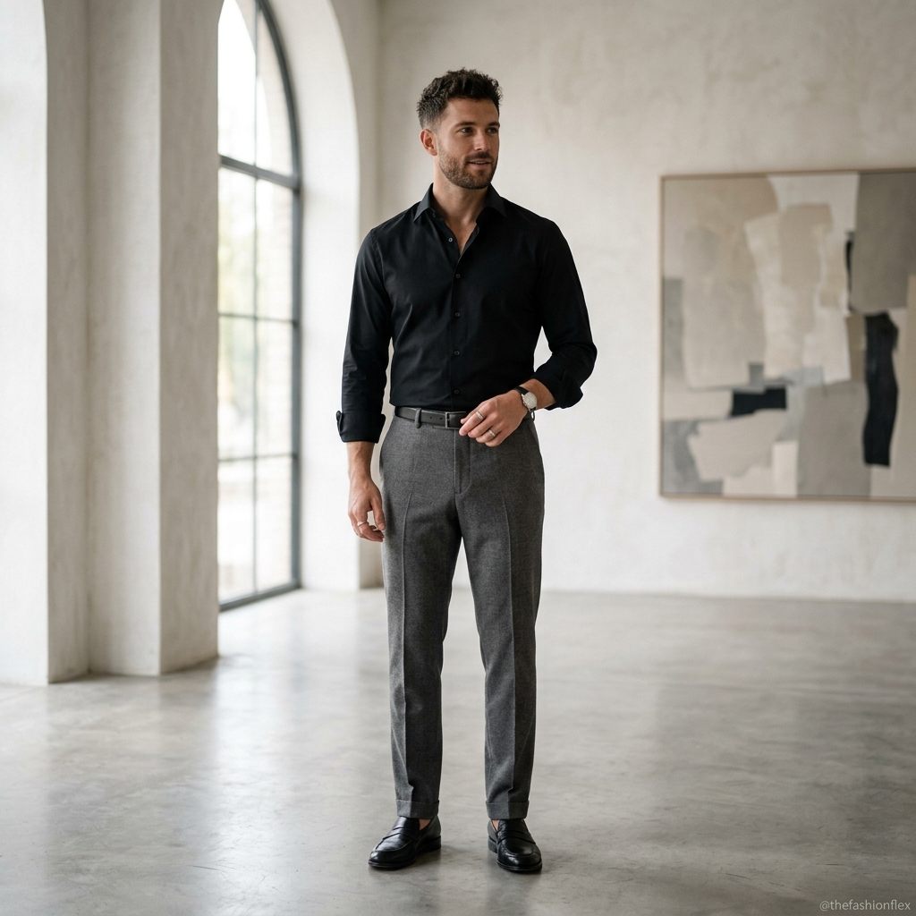 Man wearing a black shirt with medium grey trousers