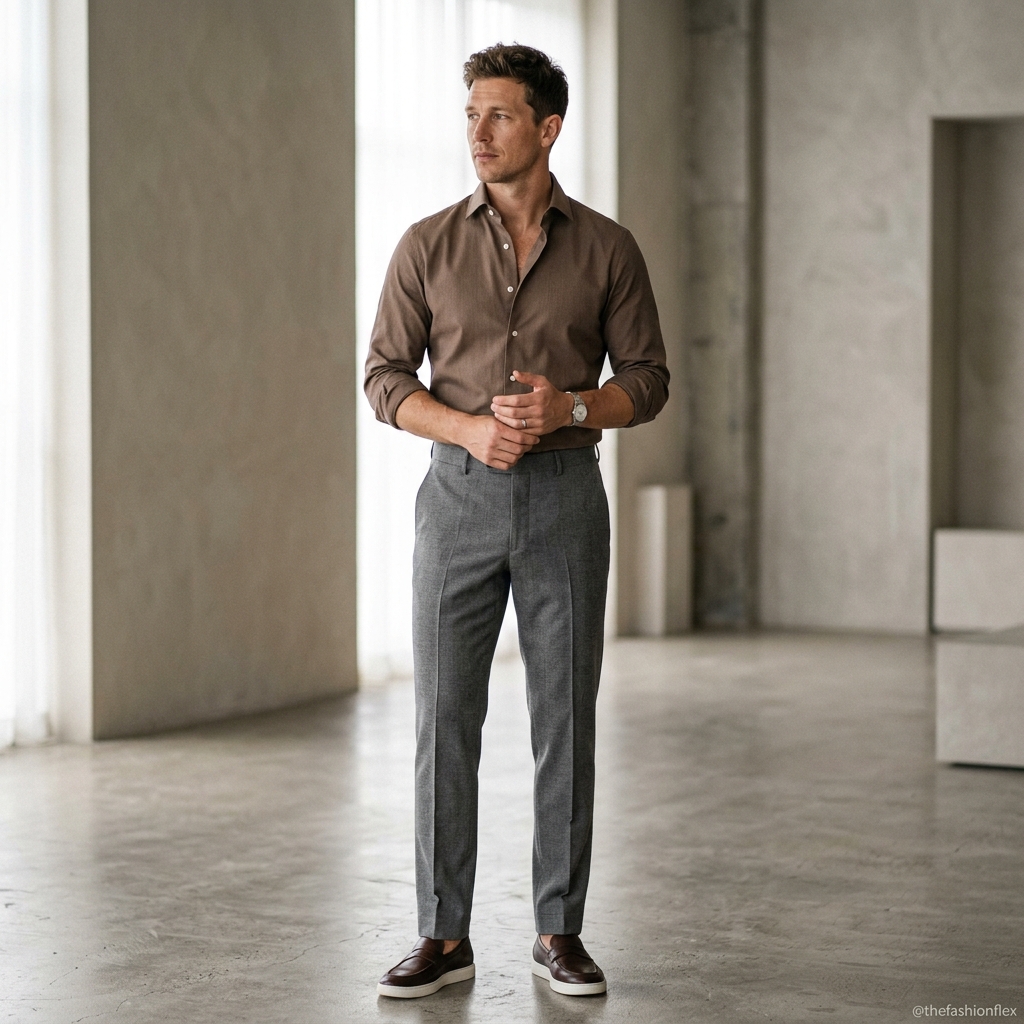 Man wearing a brown shirt with grey pants