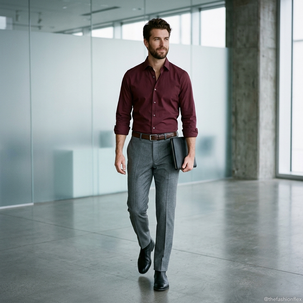 Man wearing a burgundy shirt with medium grey pants