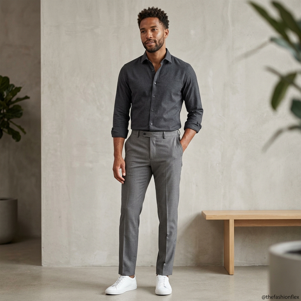 Man wearing a charcoal shirt with grey trousers