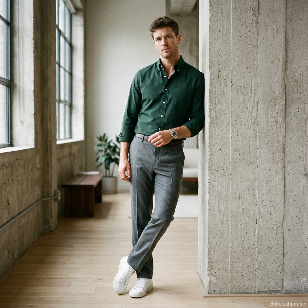Man wearing a dark green shirt with grey trousers