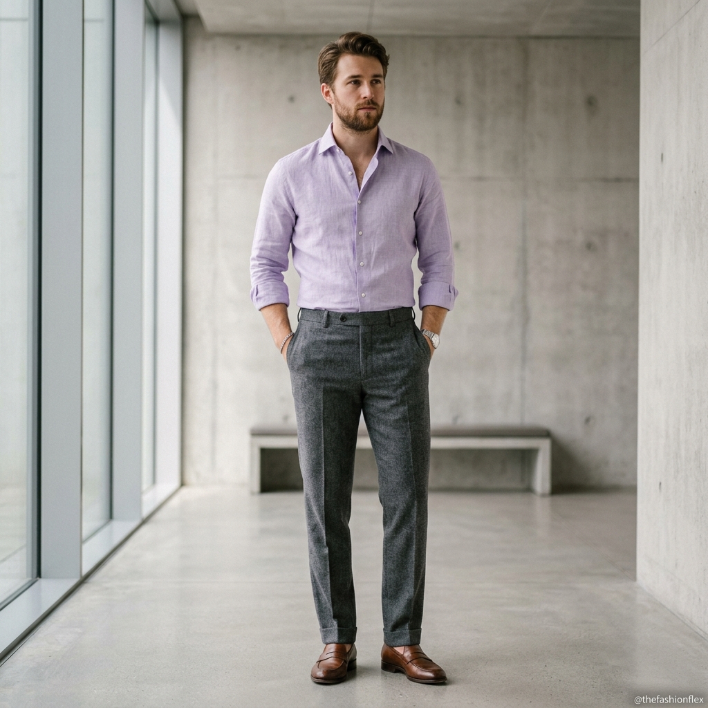 Man wearing a lavender shirt with grey pants