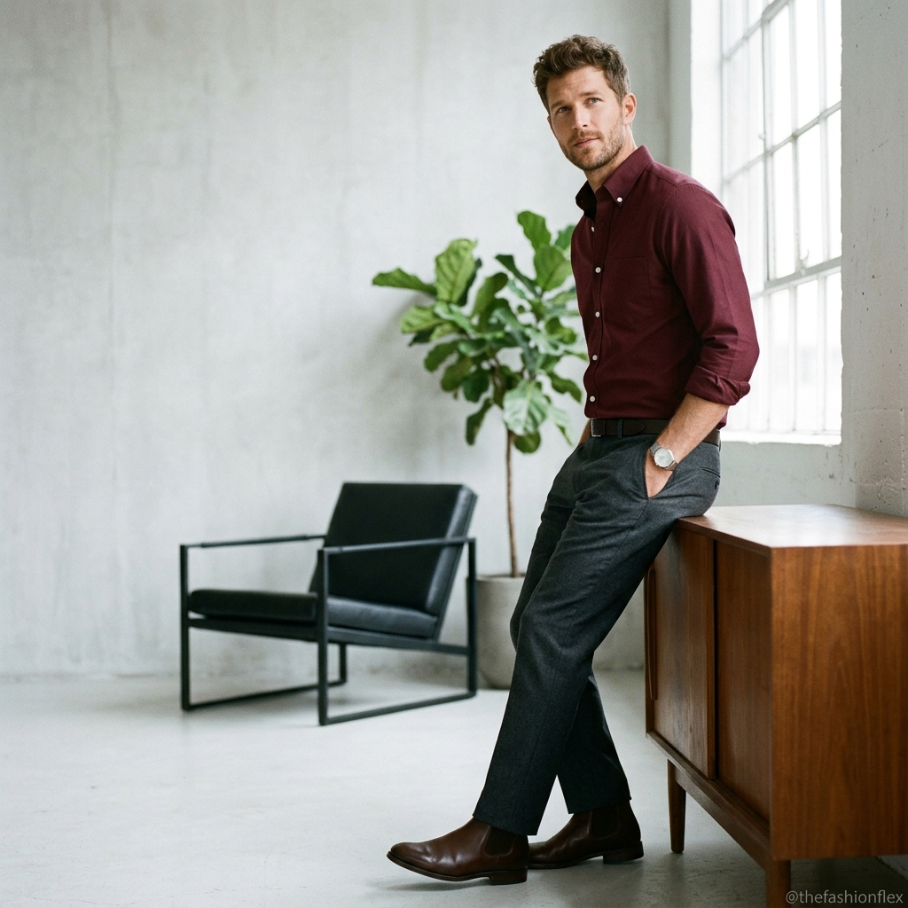 Man wearing a maroon shirt with grey pants