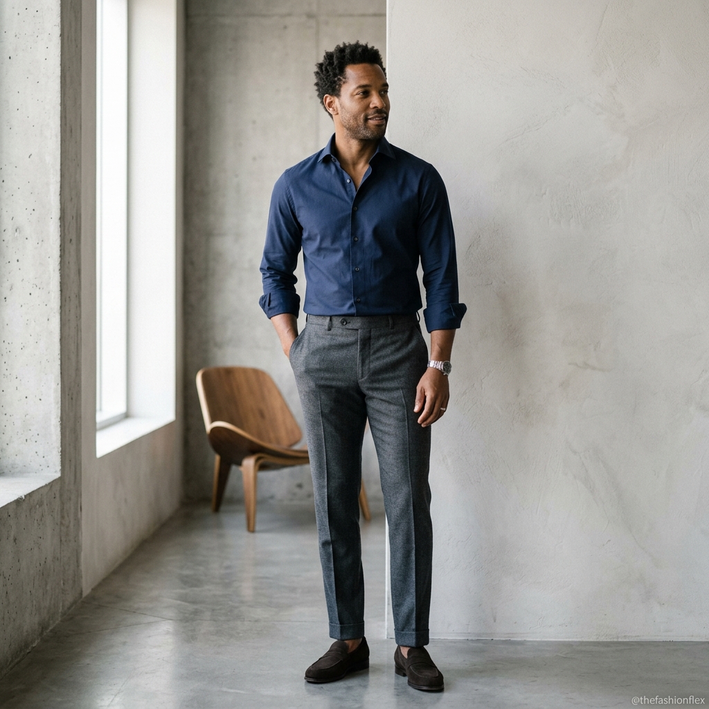 Man wearing a navy blue shirt with tailored grey trousers