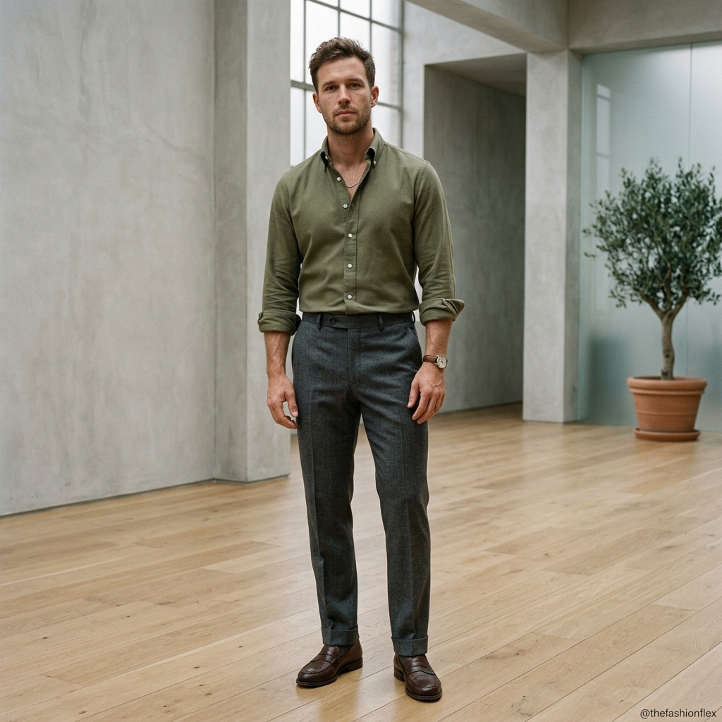 Man wearing an olive green shirt with light grey pants