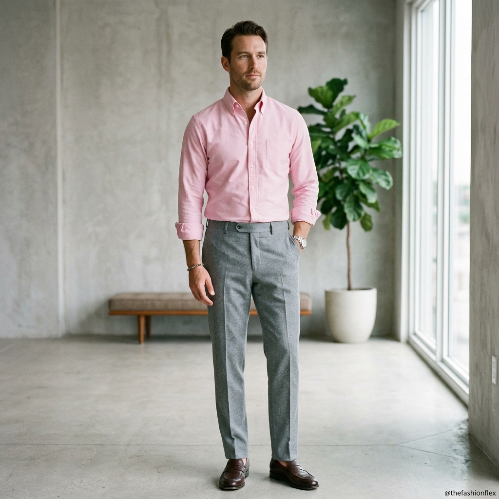 Man wearing a soft pink shirt with grey trousers