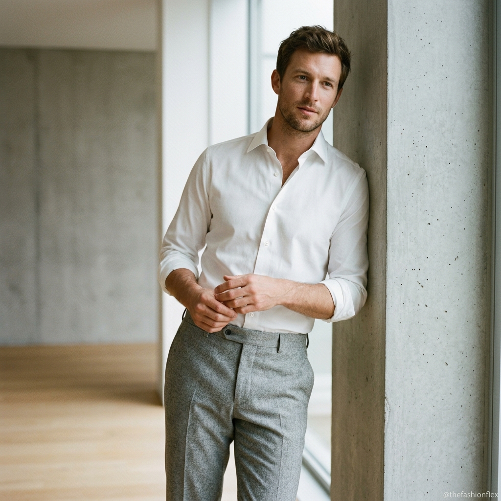 Man wearing a white shirt with tailored grey pants in a modern architectural setting