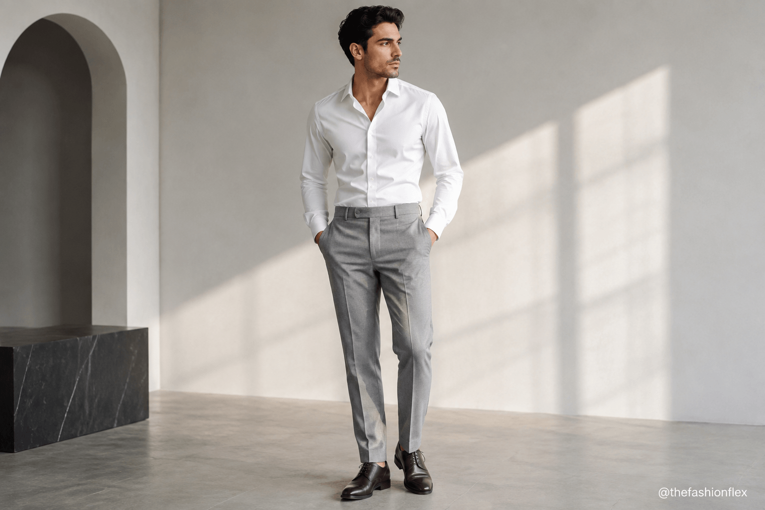 Man wearing a white shirt with tailored grey trousers