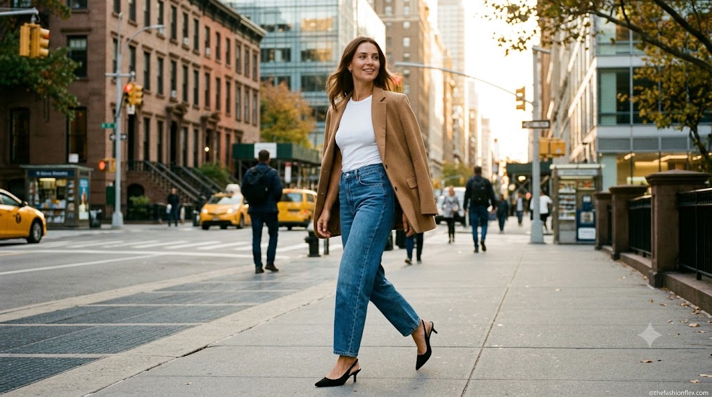 Model wearing high-waisted medium wash barrel jeans with pointed slingback heels in NYC