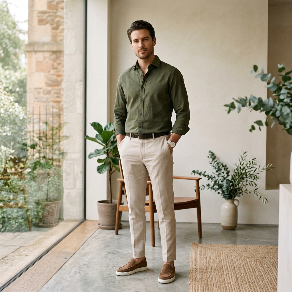 Olive shirt and beige pants earth tone outfits men