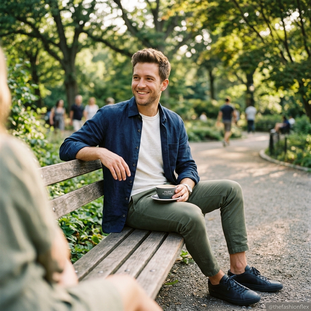 Man wearing a layered, breathable outfit for an outdoor date