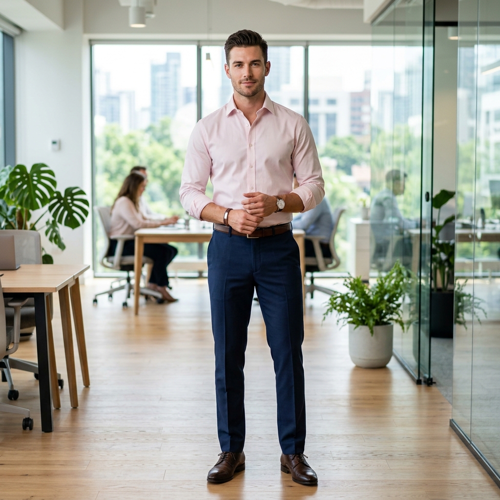 man wearing pink shirt and navy pants office outfit