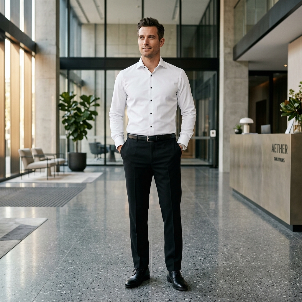 man wearing white shirt and black pants office outfit