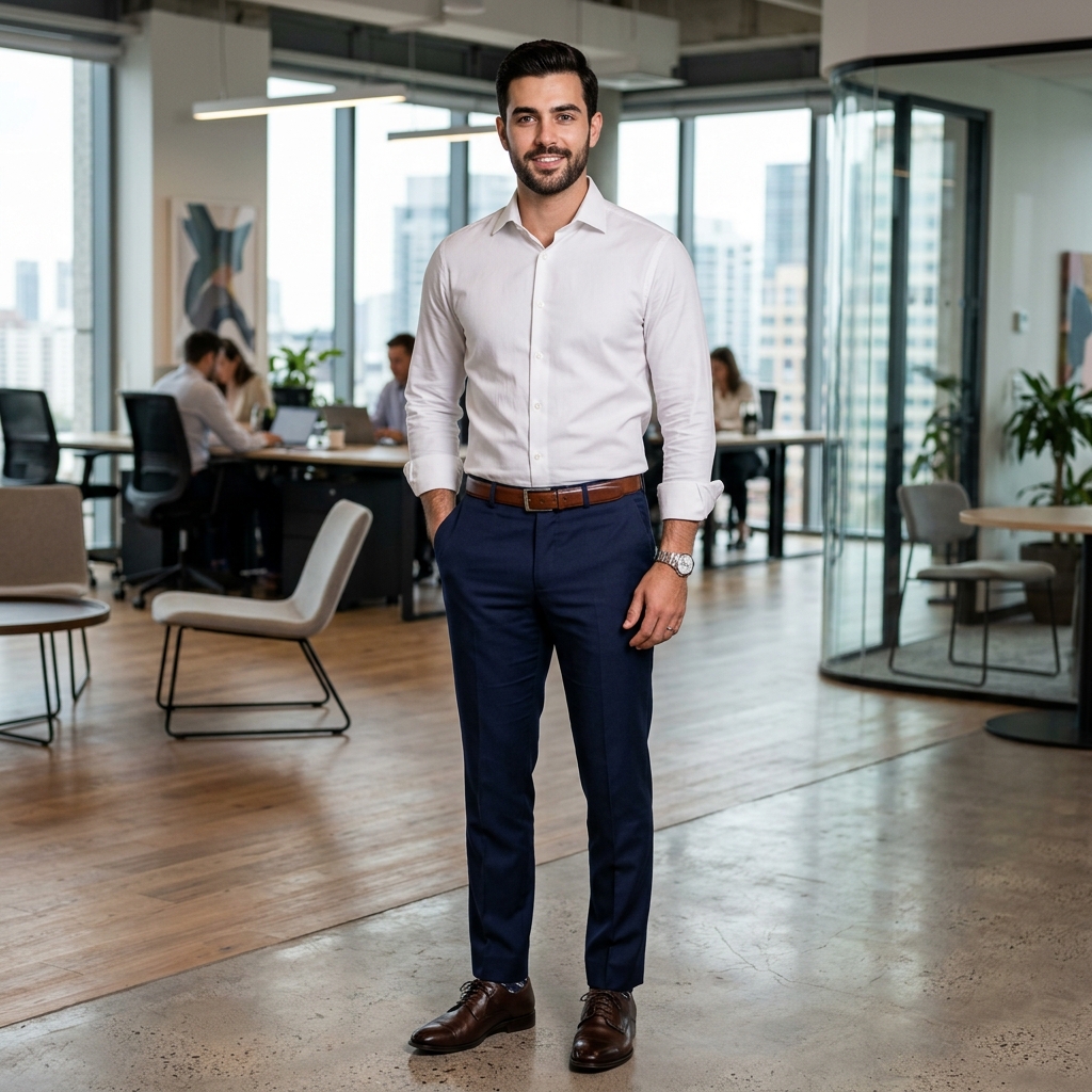 man wearing white shirt with navy pants office outfit