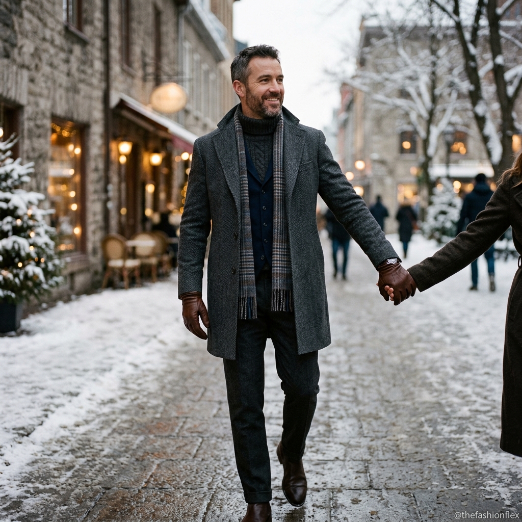 Man wearing layered knitwear and a wool coat for a winter date