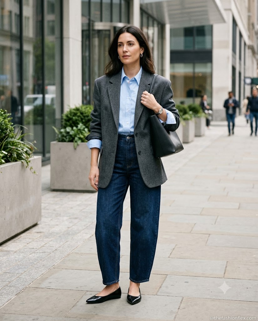 Modern business casual outfit featuring dark wash barrel jeans with tailored blazer and pointed flats